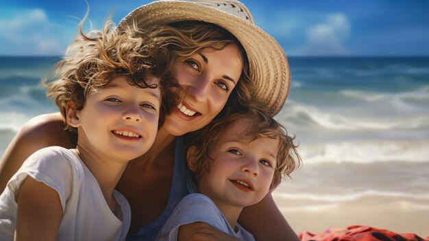 Mother and son relaxation on the beach in the summer