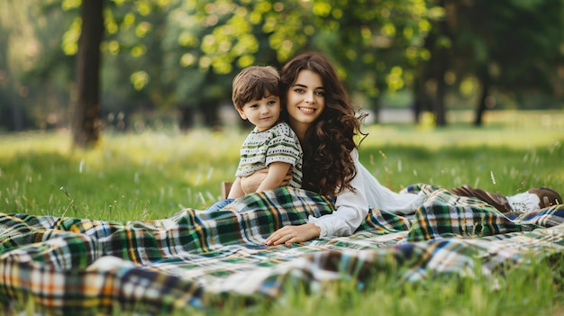 a mother and son sit on the grass in a park