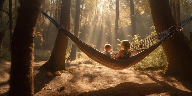 Photo mother and son sitting on hammock in the forest with sunshine mother day