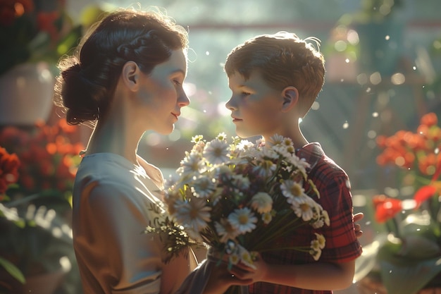 Mother and son surprising her with a bouquet of fl