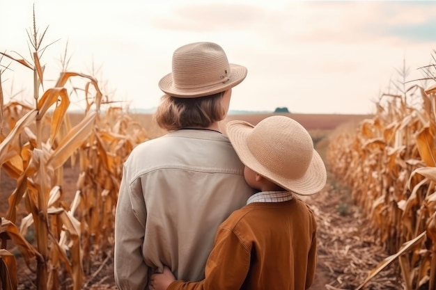 mother and son take time together in country clothes on field AI