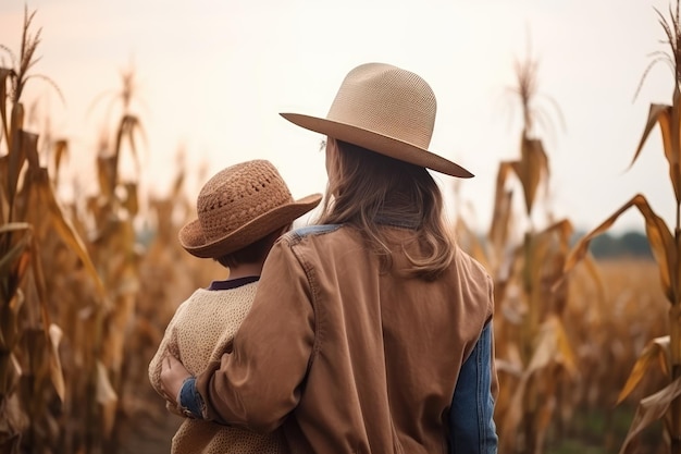 mother and son take time together in country clothes on field