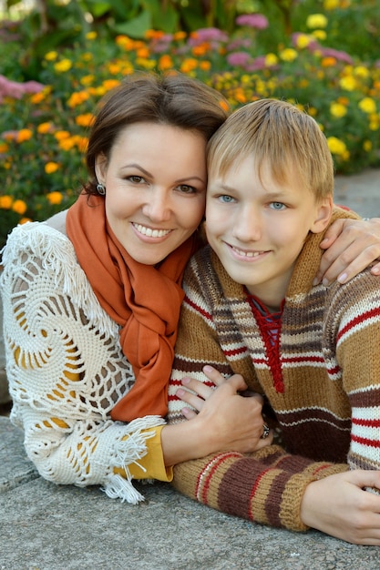 Mother and son on a walk  in the park