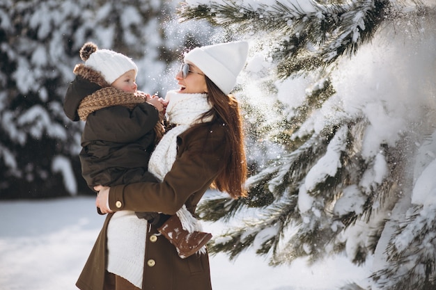 Mother and son in winter outrside