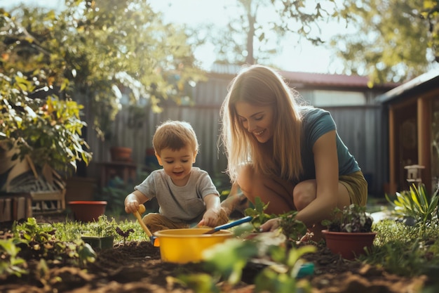 Photo mother and sons gardening journey