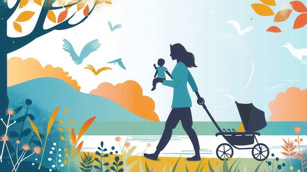 A mother strolls with her child in a stroller along a scenic path Generative AI