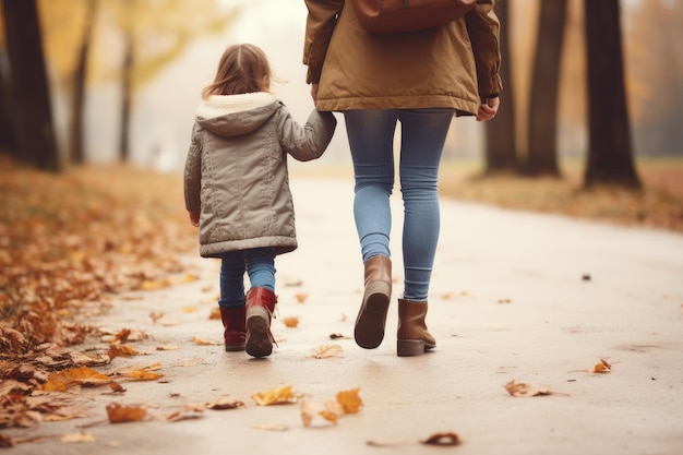 Mother supporting daughter while walking autumn park Help female step balance Generate Ai