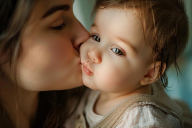 A mother tenderly kisses her baby showing their pure love and bond in a close up shot international kissing day image