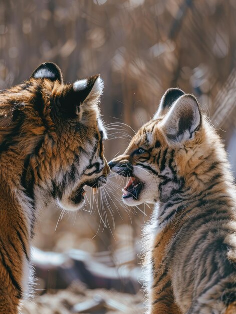 Photo mother tiger and cub engaging in a spirited interaction in their natural habitat captured in an