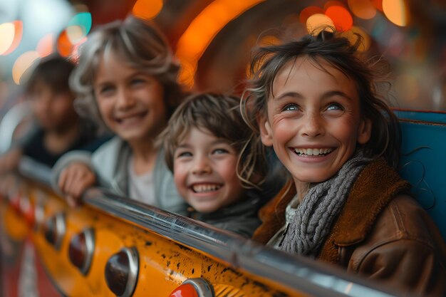 Photo mother and two children family riding a rollercoaster at an amusement park experiencing excitement