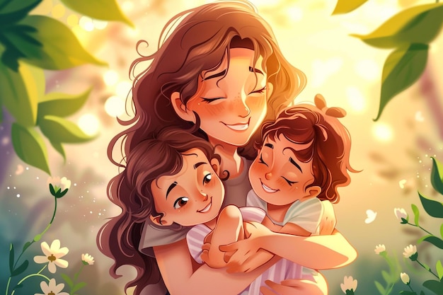 a mother and two children hug and smile