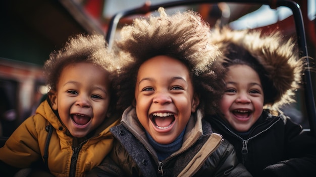 Mother and two children ride a roller coaster in an amusement park or state fair Experience excitement happiness laughter