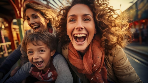 Mother and two children ride a roller coaster in an amusement park or state fair Experience excitement happiness laughter