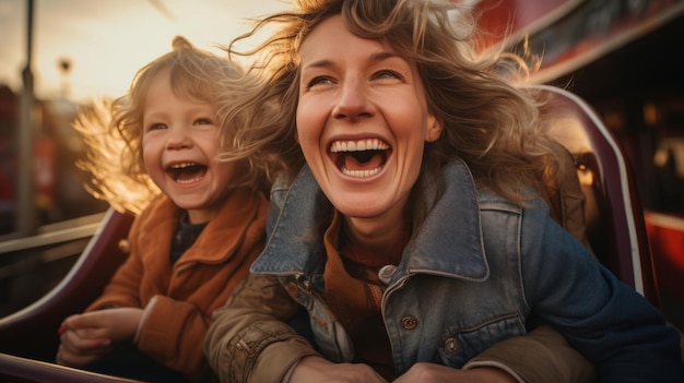 Mother and two children ride a roller coaster in an amusement park or state fair Experience excitement happiness laughter