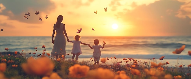 Mother and two children walk along the beach at sunset surrounded by wildflowers