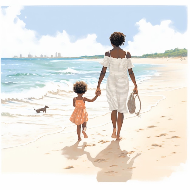 Mother walking with daughter towards beach hand drawn cartoon