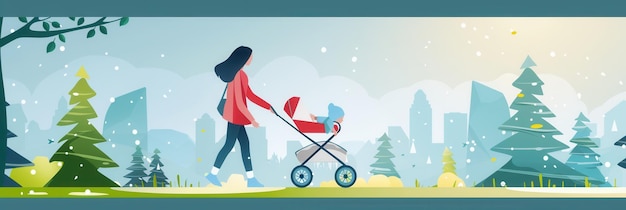 A mother walks confidently through a snowy park with her child in a stroller The winter landscape and city skyline create a picturesque backdrop Generative AI