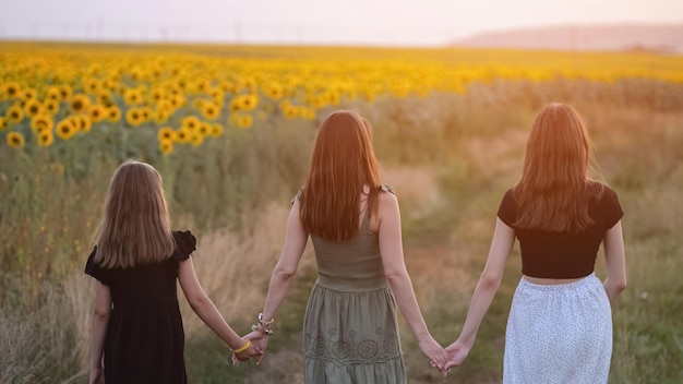 Mother walks with daughters joining hands on evening field