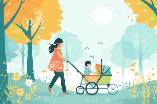 A mother walks with a double stroller through a park surrounded by colorful foliage and sunshine Generative AI