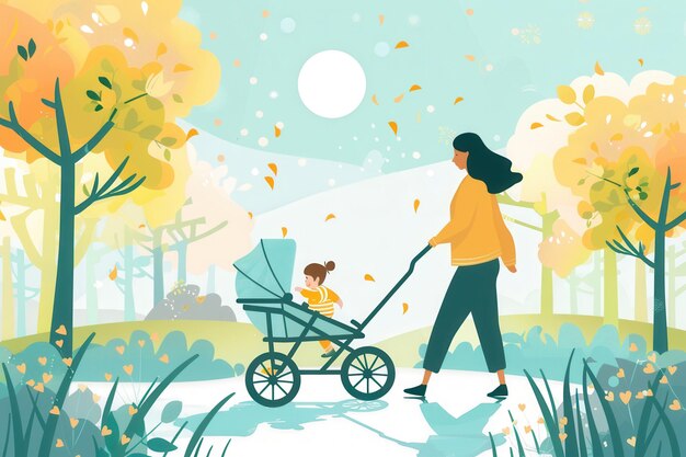 A mother walks with her child in a stroller through an autumn park enjoying the fresh air and colorful leaves Generative AI