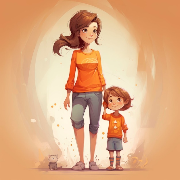 Photo mother with brown hair orange tshirt in style