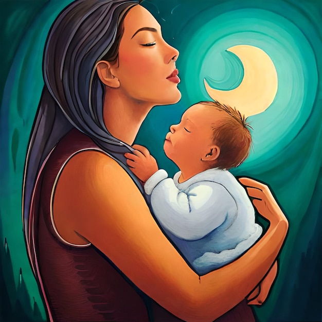 Mother with a child in her arms painted with multicolored paints