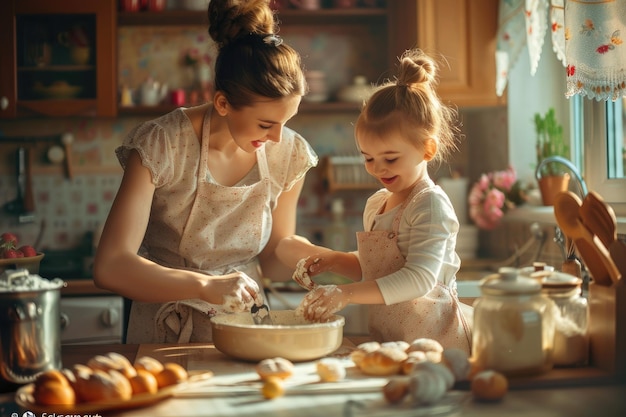 Mother with daughter baking at the kitchen