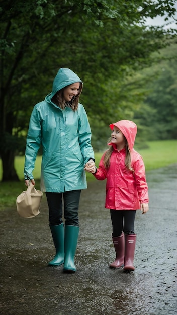 Photo mother with daughter walking in park in the rain wearing rubber boots