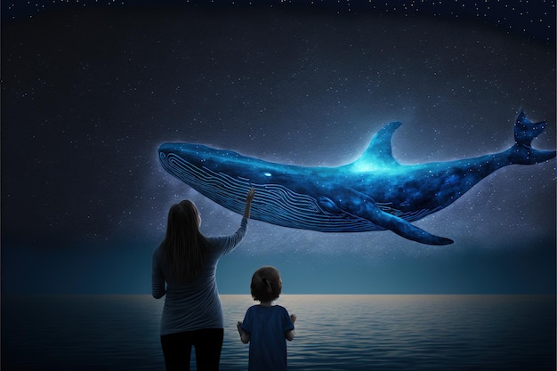 Photo mother with her child mother and daughter looking at the whale with blue light flying in the night sky digital art style illustration painting