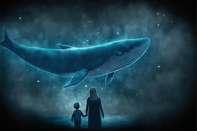 Photo mother with her child mother and daughter looking at the whale with blue light flying in the night sky digital art style illustration painting