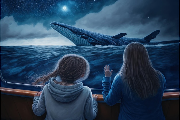 Photo mother with her child mother and daughter looking at the whale with blue light flying in the night sky digital art style illustration painting