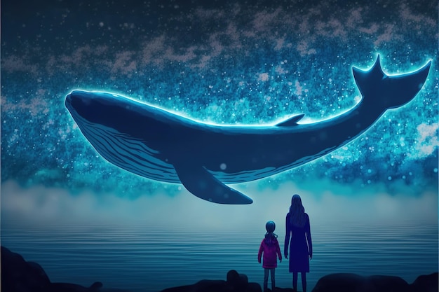 Photo mother with her child mother and daughter looking at the whale with blue light flying in the night sky digital art style illustration painting