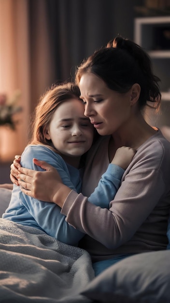 Mother with her illnes daughter in a bedroom