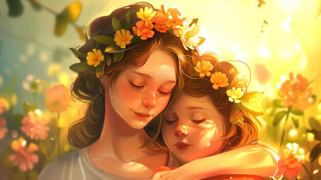 Mother with her little child with Love Mothers day illustration concept