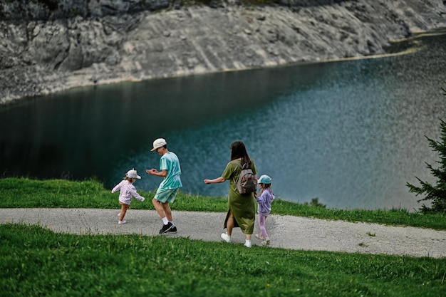 Mother with kids at Vorderer Gosausee Gosau Upper Austria