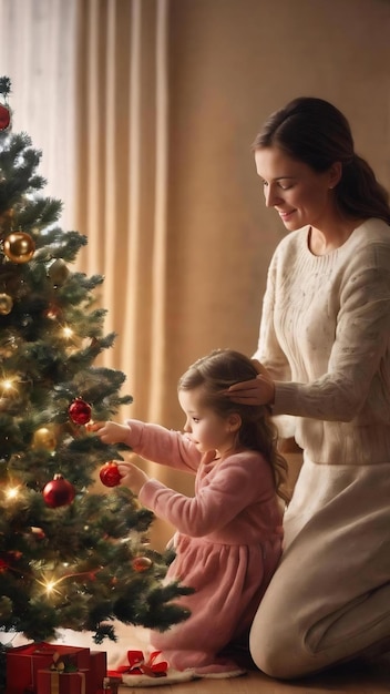 Mother with little daughter decorating christmas tree