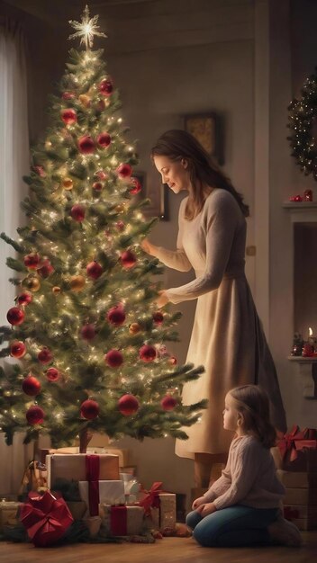 Mother with little daughter decorating christmas tree