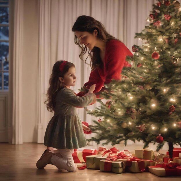 Mother with little daughter decorating christmas tree