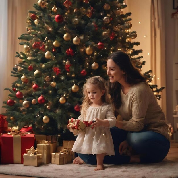 Mother with little daughter decorating christmas tree