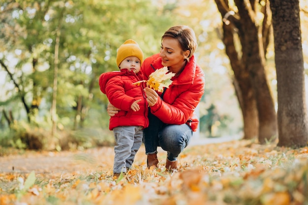 Mother with little son in autumn park