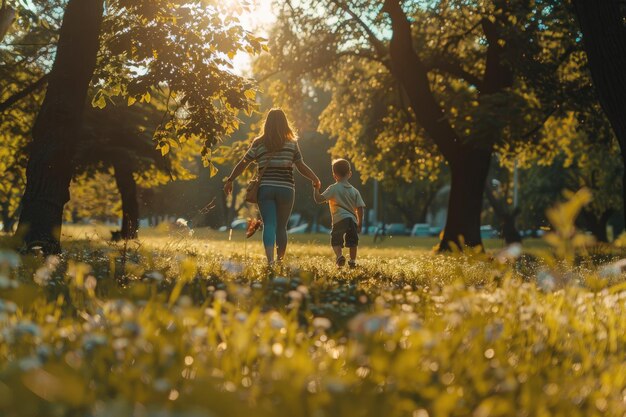 Photo mother with son playing in a summer park