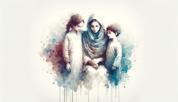 Mother with two children Digital watercolor painting on white background