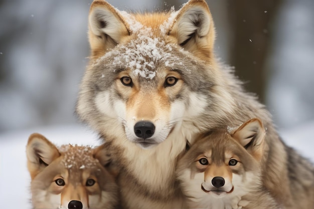 Mother wolf and wolf cubs in winter snow Generative AI