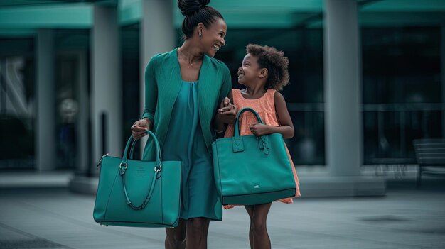 MotherDaughter Shopping with Blue and Green Bags