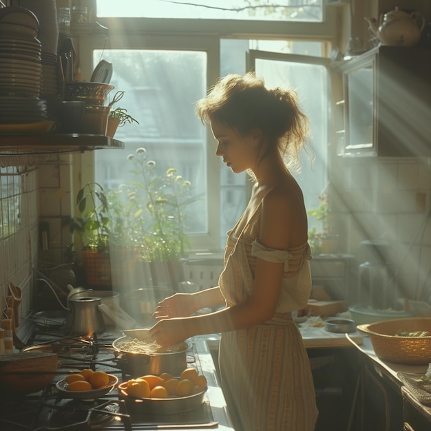 Mothers Care Young Woman Prepares School Lunch for Son in Sunlit Kitchen