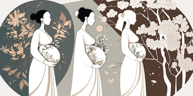 Mothers Day abstract design asian and caucasian pregnant mother in focus hand made flat design