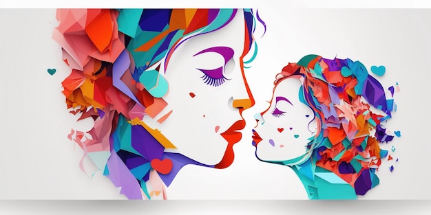 Mothers Day abstract design A mother kissing a child flowers hand made art flat design