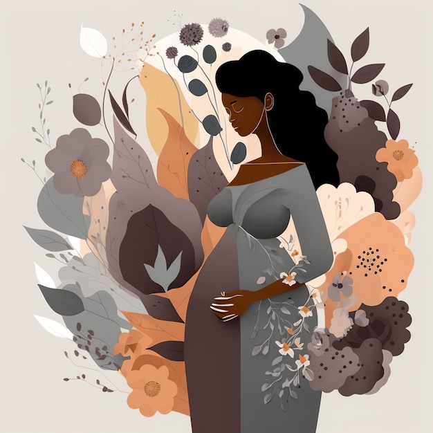 Mothers Day abstract design of a pregnant mother A hand made art as flat style with flowers