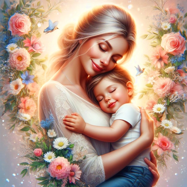 Mothers day Background with mother and daughter with Flower Happy mothers day celebration