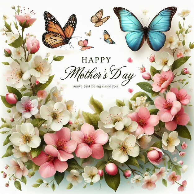 Mothers day card with blooming flowers and butterflies